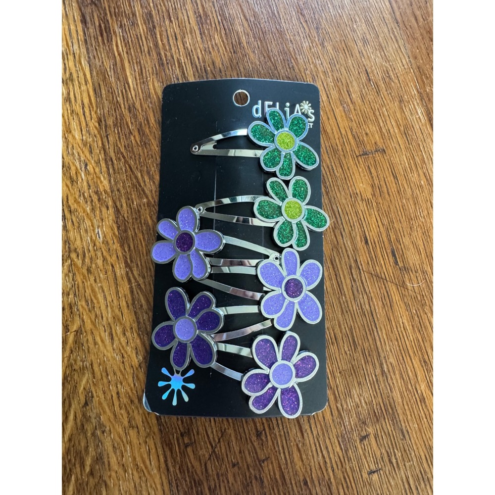 Delias Flower Snap Hair Clips 6pc Set Glitter Daisy Purple Green Y2K Retro